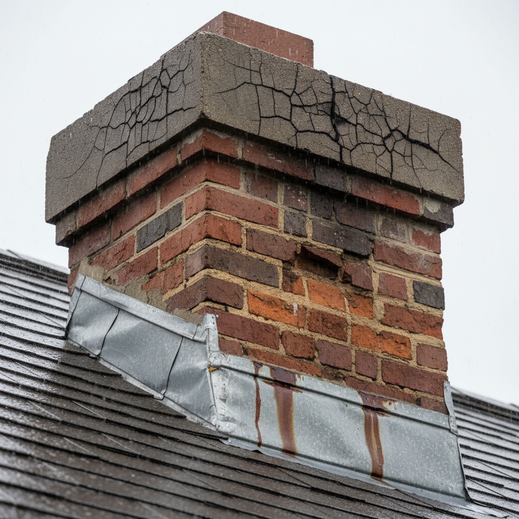 Damaged chimney flashing and cracked crown with rain, showing water leak potential.