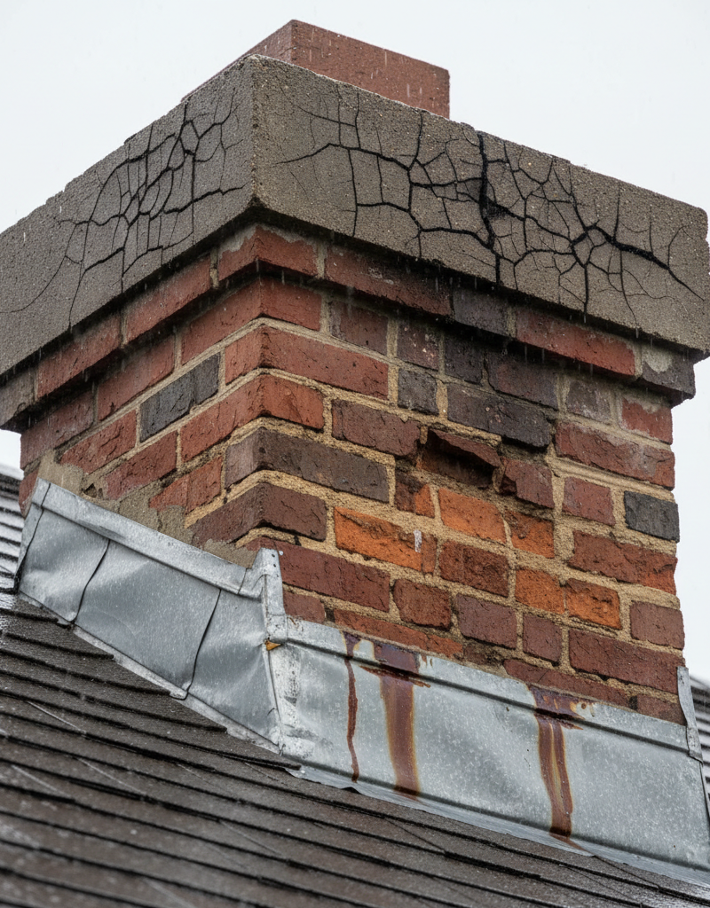 Damaged chimney flashing and cracked crown with rain, showing water leak potential.