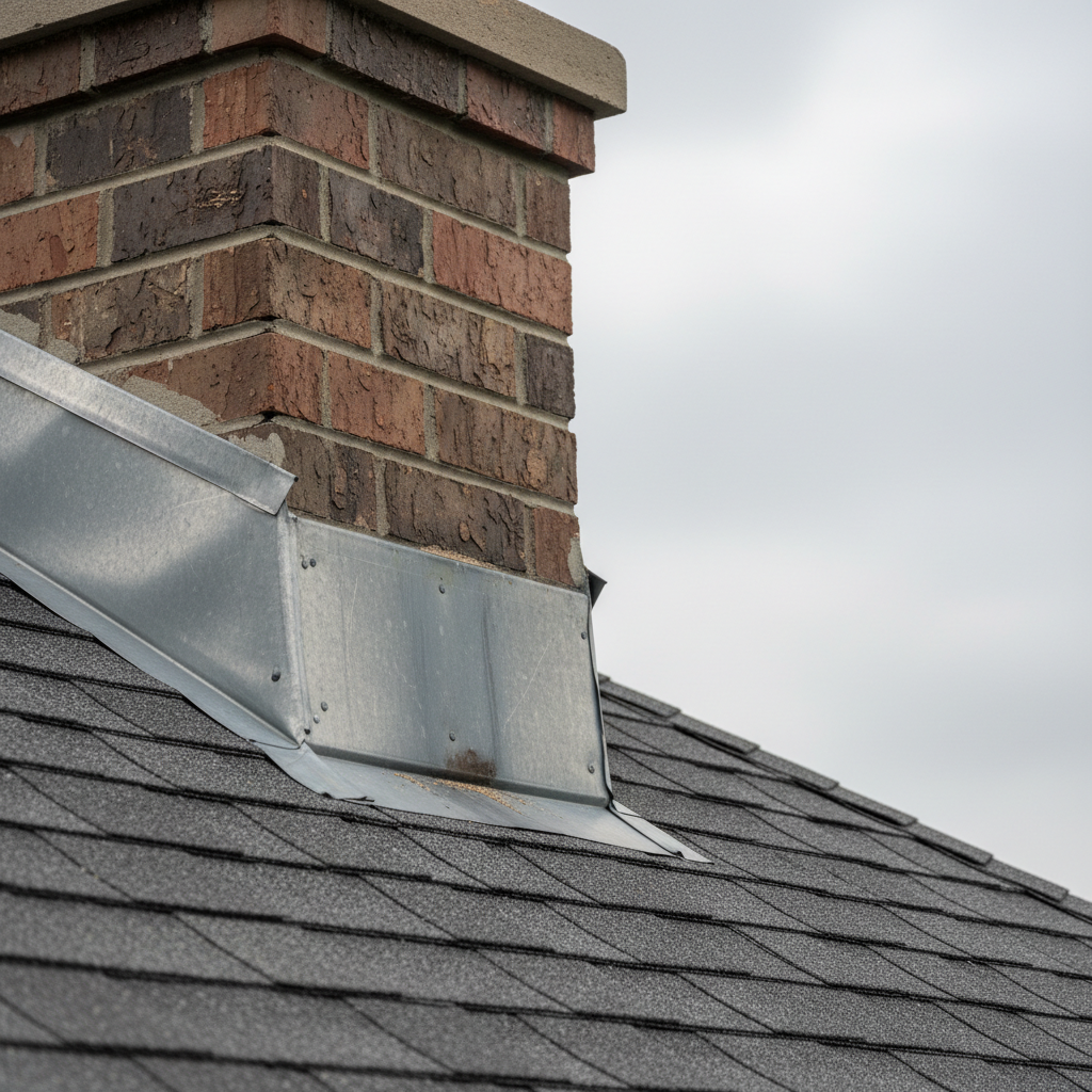 Close-up of chimney flashing where it meets asphalt shingles, showing a small gap that could cause a leak during rain.