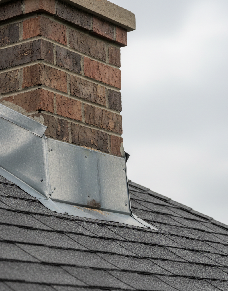 Close-up of chimney flashing where it meets asphalt shingles, showing a small gap that could cause a leak during rain.
