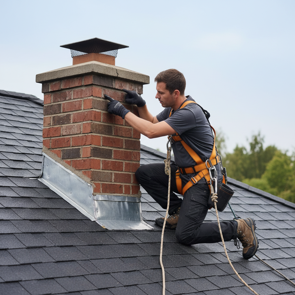 Homeowner on roof inspecting a chimney for leaks, focusing on the flashing and crown.