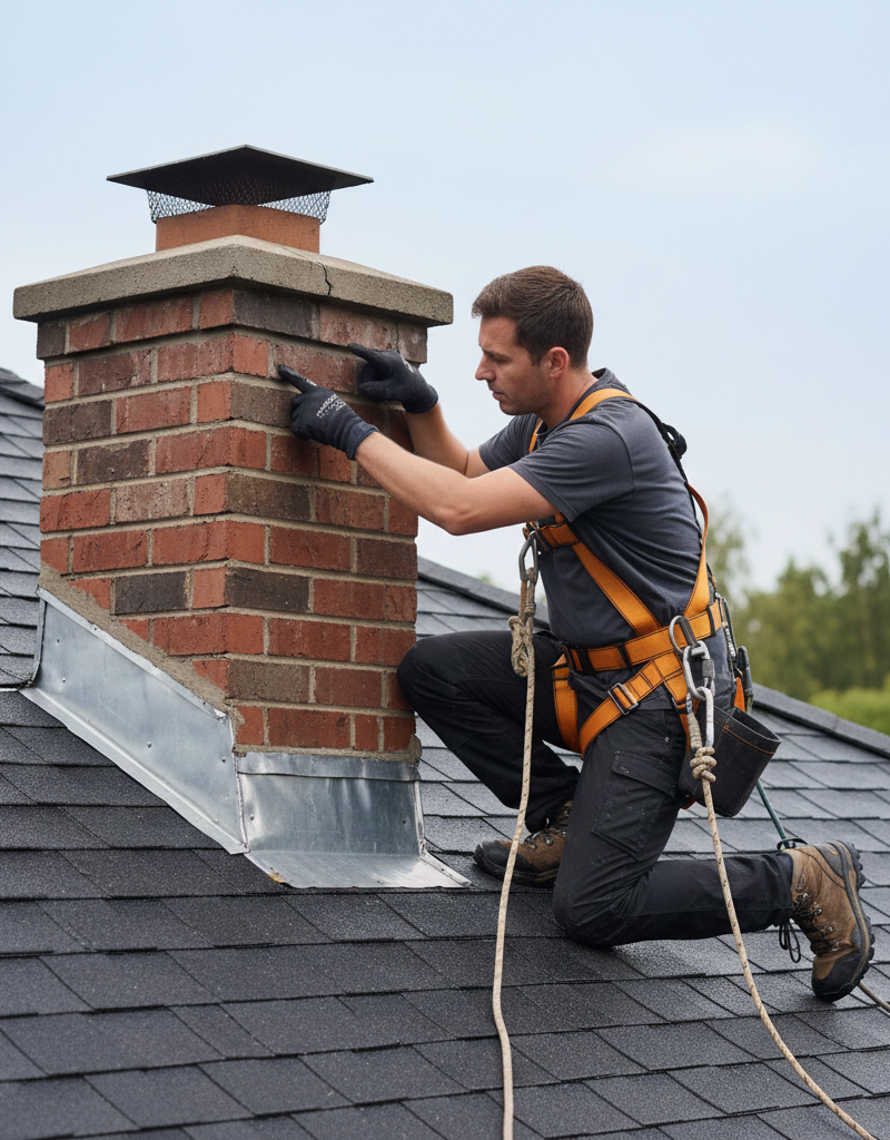 Homeowner on roof inspecting a chimney for leaks, focusing on the flashing and crown.