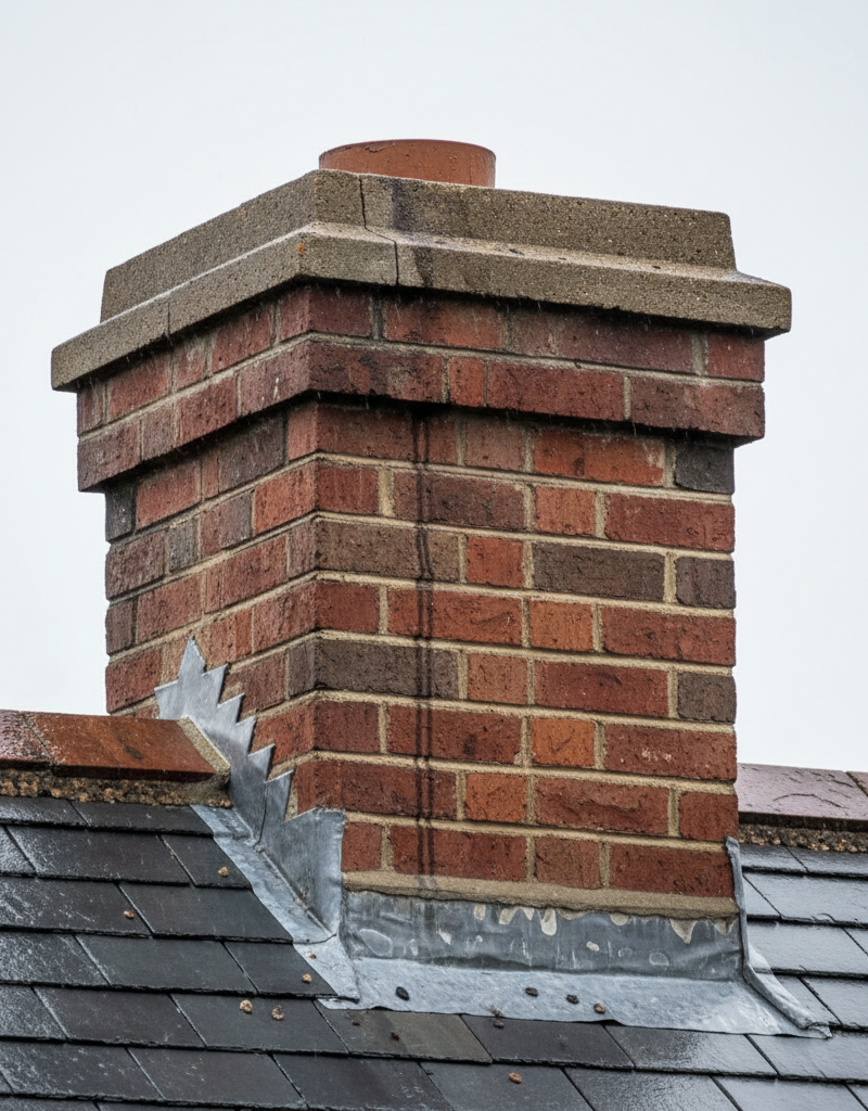 Brick chimney on a residential roof during rainfall, showing water seeping from compromised flashing