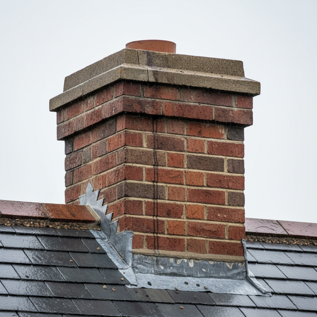 Brick chimney on a residential roof during rainfall, showing water seeping from compromised flashing