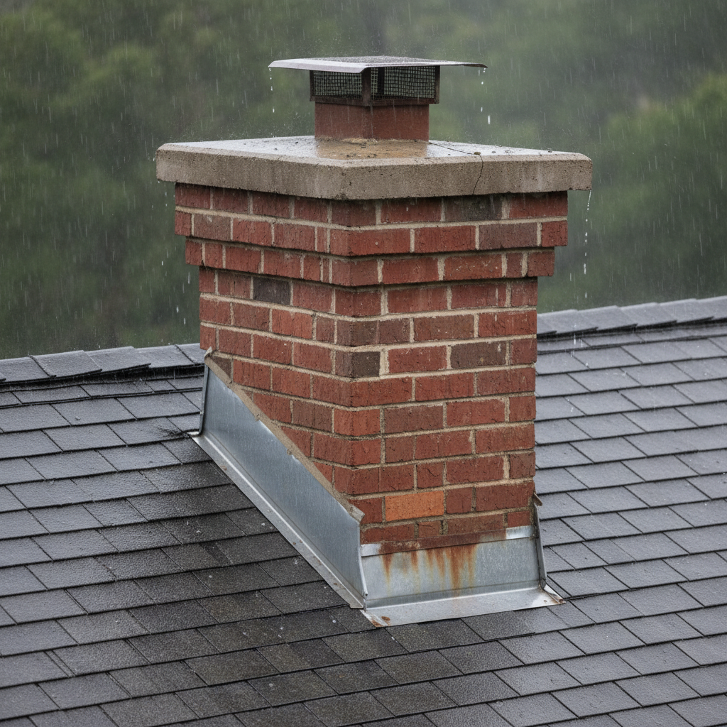 Close-up of a brick chimney on a gray shingle roof, showing a minor water stain where the chimney crown meets the bricks.