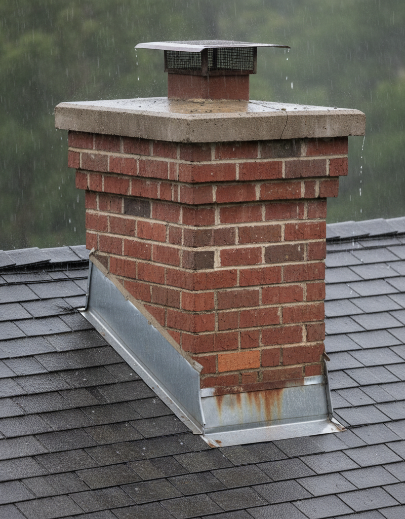 Close-up of a brick chimney on a gray shingle roof, showing a minor water stain where the chimney crown meets the bricks.