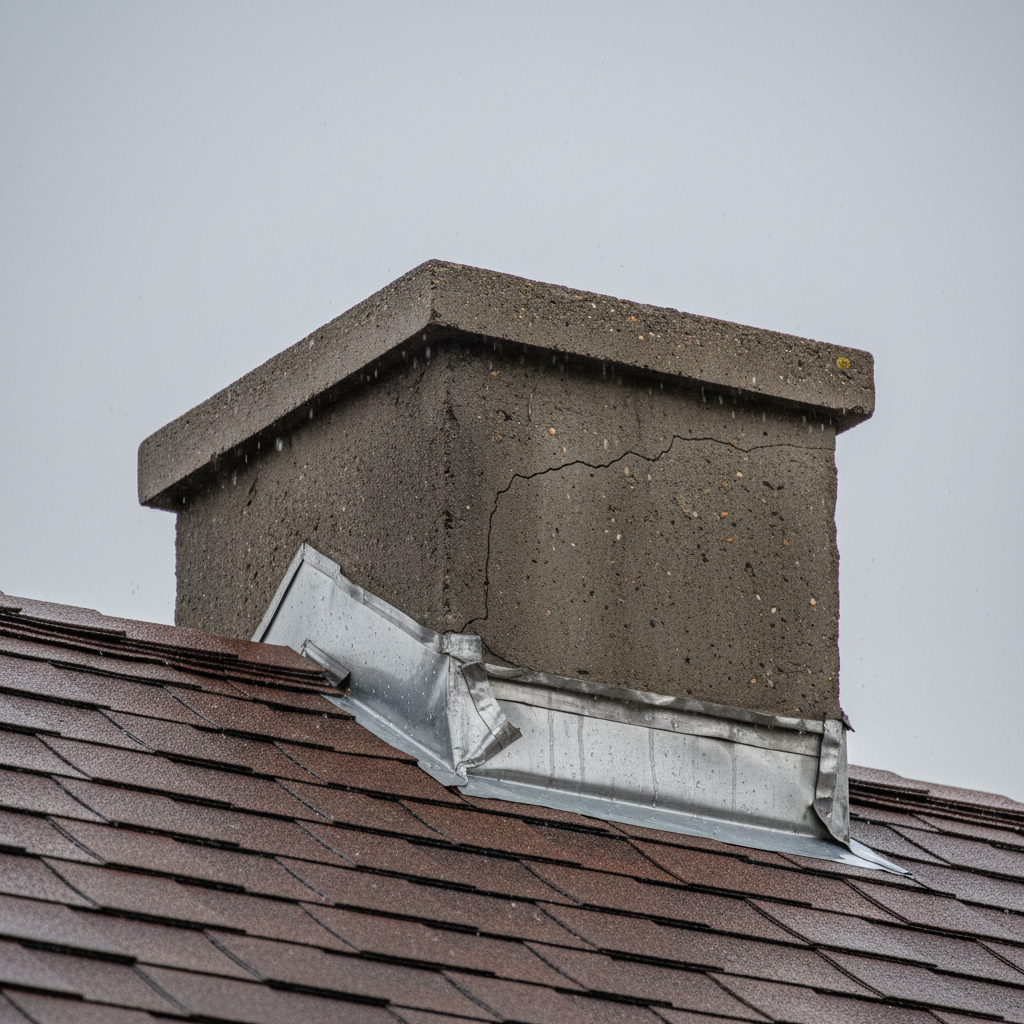 Visible hairline crack in a chimney crown and slightly lifted roof flashing during rain, causing a chimney leak.