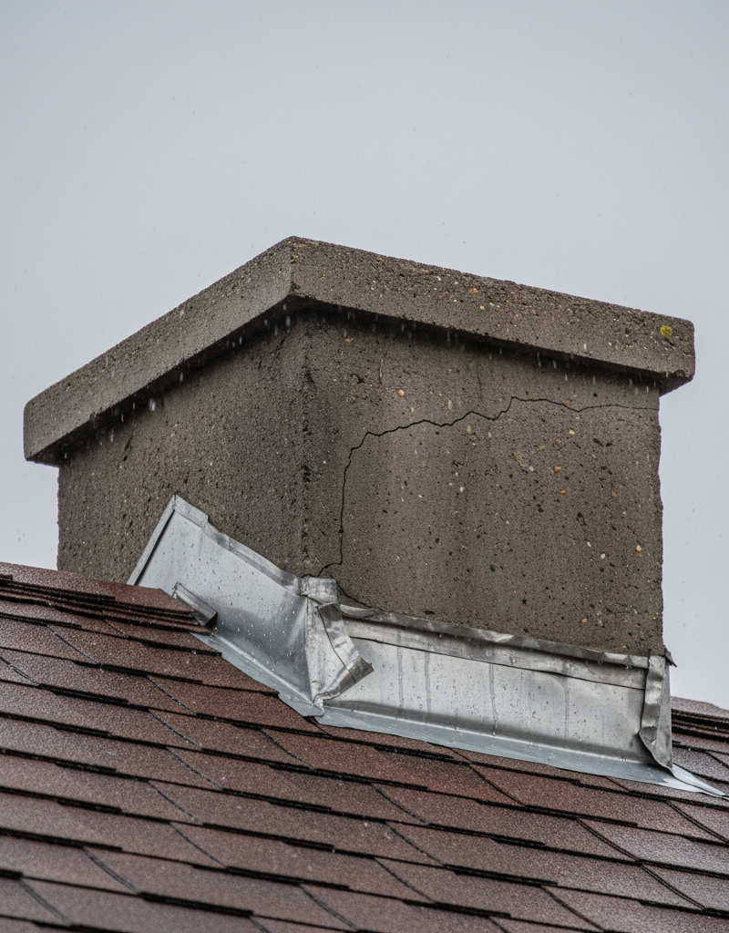 Visible hairline crack in a chimney crown and slightly lifted roof flashing during rain, causing a chimney leak.