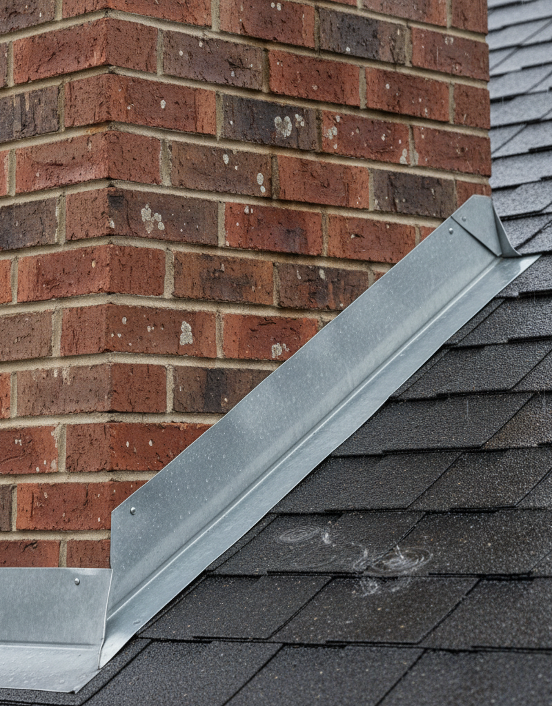 Close-up of a brick chimney showing water streaks on the masonry near the roofline, indicating a leak during rain.