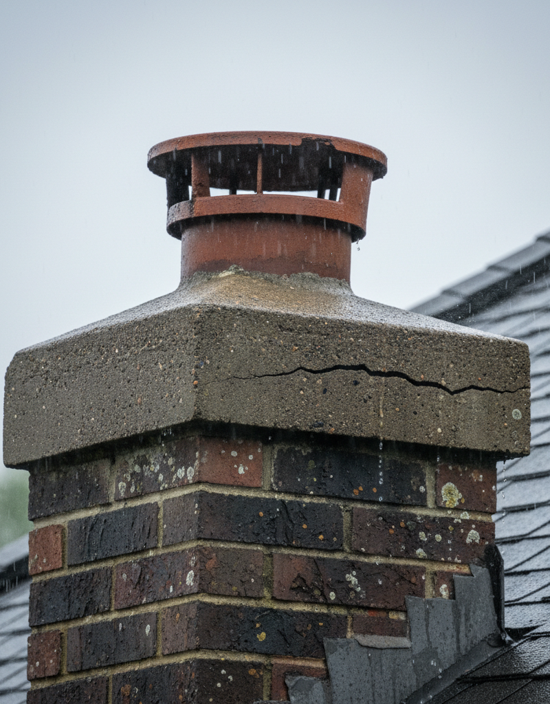 Damaged chimney cap and cracked crown on a residential chimney during rain, indicating a leak.