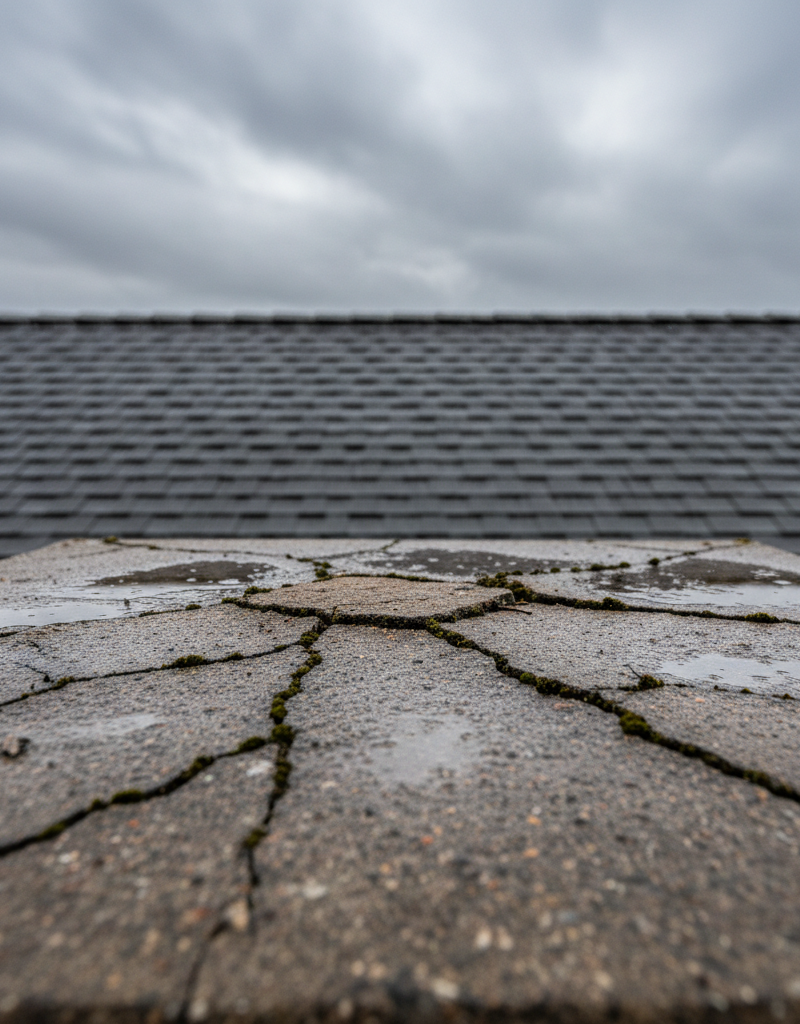 Damaged chimney crown with visible cracks and a pooling puddle of water on a rainy day, highlighting a common leak source.