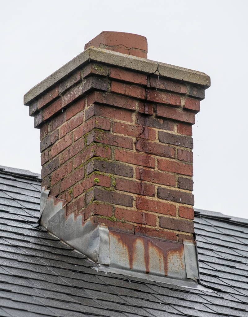 Close-up of a brick chimney base on a shingled roof, showing deteriorated flashing and mortar cracks, indicating a chimney leak.