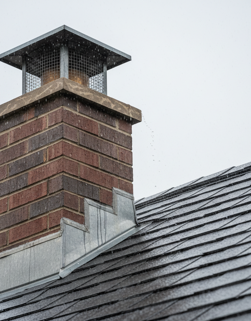 Close-up of a residential chimney during rain, showing flashing and potential leak points.