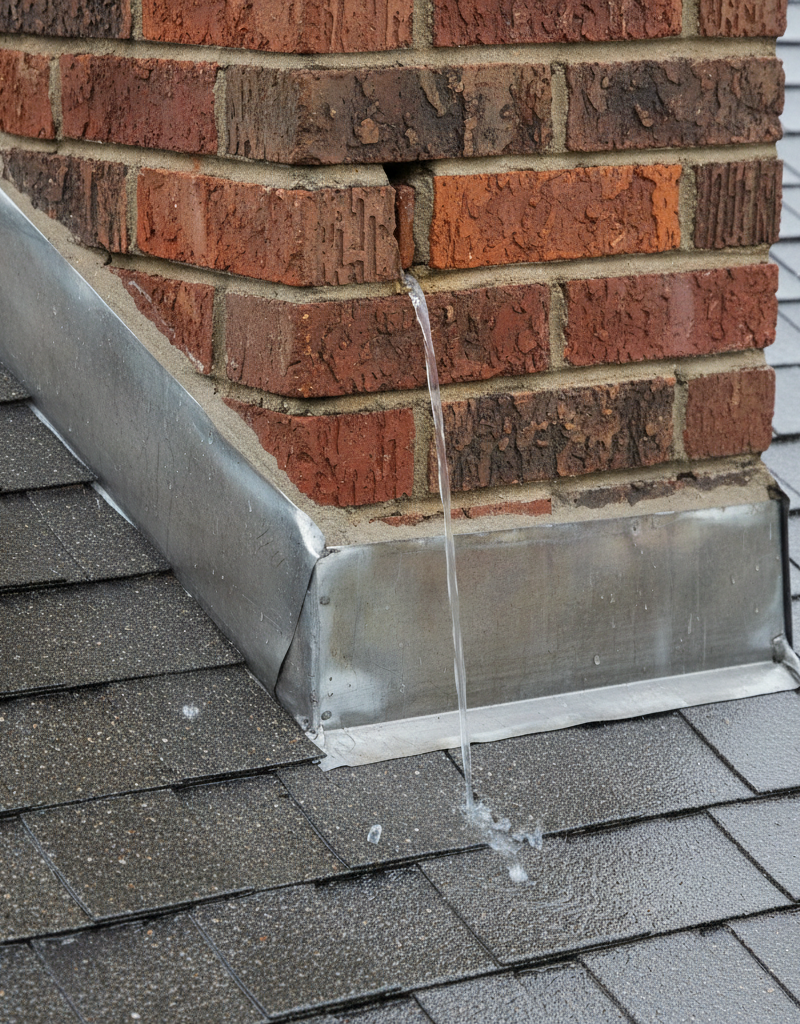 Close-up of a damaged chimney flashing and cracked mortar on a roof during rain, showing water leakage.