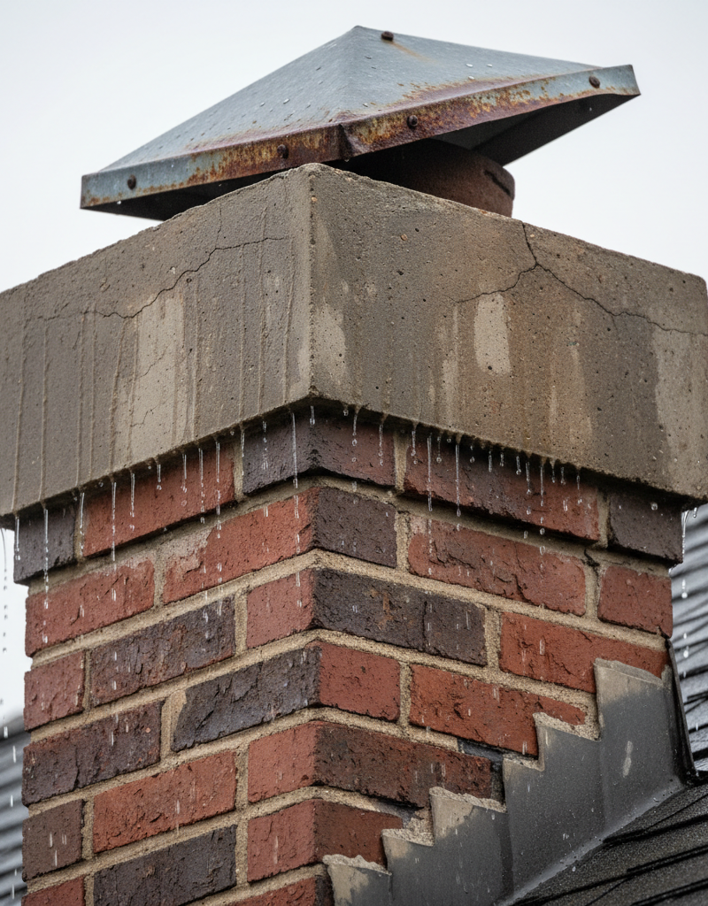 Damaged chimney crown with hairline cracks, a rusted metal cap, and wet brickwork after rain, indicating a leak.