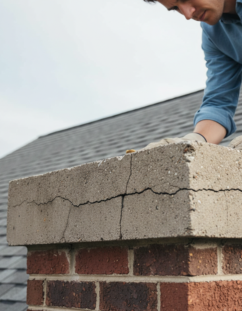 Homeowner inspecting a cracked chimney crown on a brick chimney for leaks.