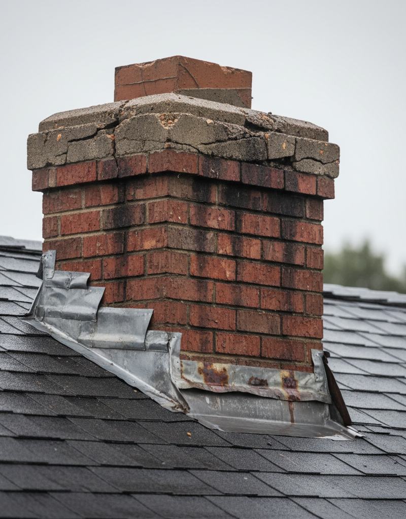 Leaky chimney on a residential roof showing water stains below a damaged chimney crown and flashing.