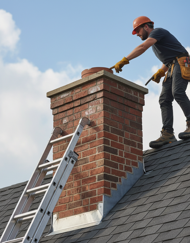 Homeowner inspecting a leaky chimney crown and flashing from a ladder on a roof