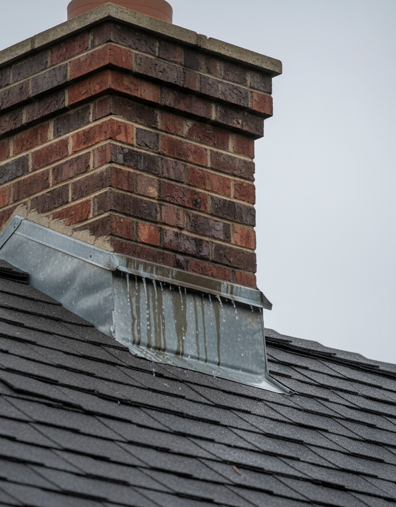 Chimney flashing leaking water onto a shingle roof after rain, causing dark stains on brick.