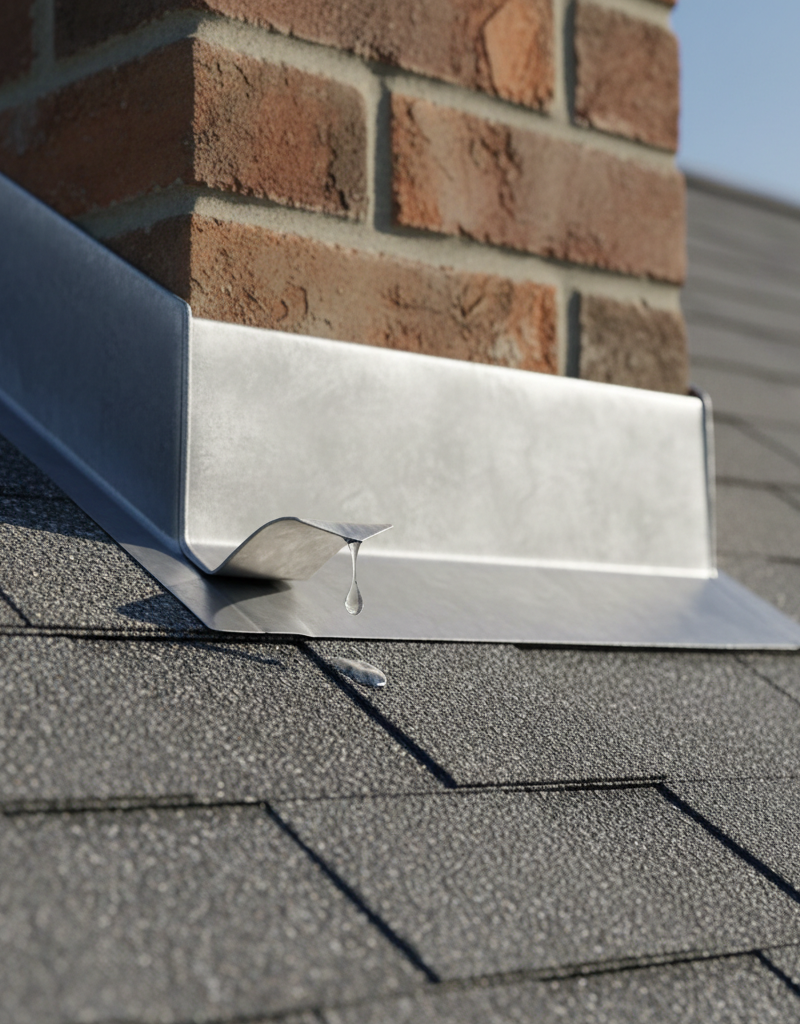 Close-up of faulty chimney flashing on a roof, showing a small gap where water could enter.