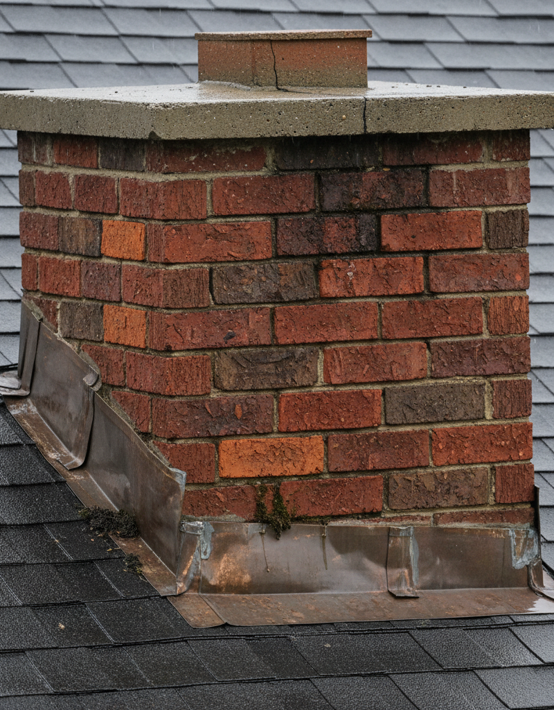 A weathered brick chimney on a shingled roof with visible water marks, showing slightly lifted flashing and small cracks in the concrete crown, indicating a leak source after rain.