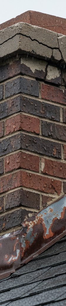 Close-up of a brick chimney crown with hairline cracks and worn flashing during a light rain, indicating a leak source.