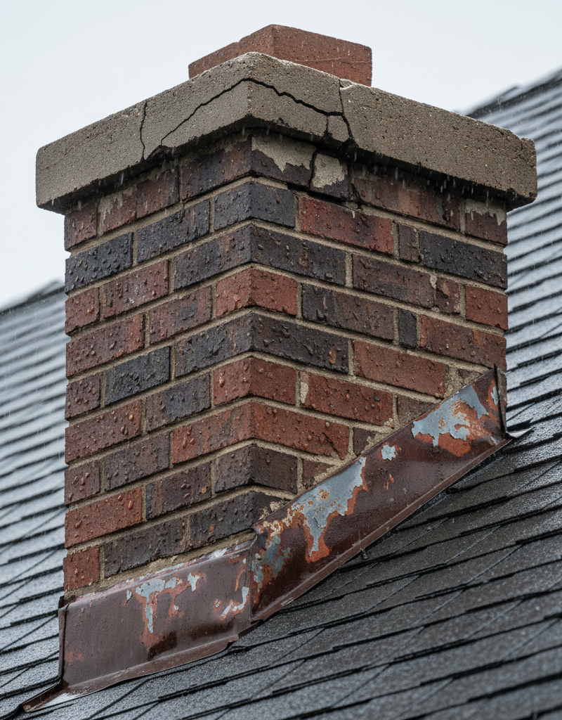 Close-up of a brick chimney crown with hairline cracks and worn flashing during a light rain, indicating a leak source.