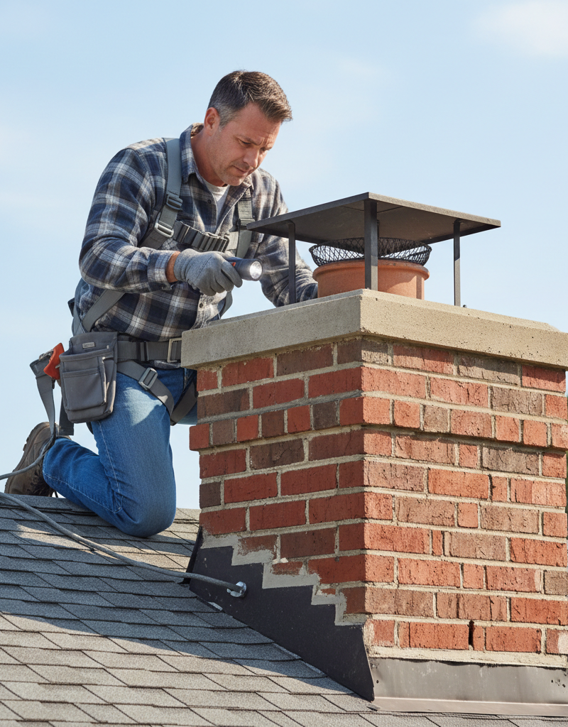 Homeowner inspecting a red brick chimney with a metal cap for leaks after rain.