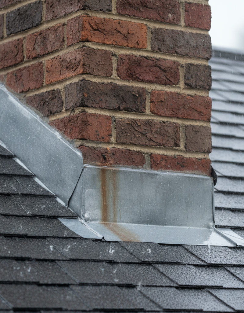 Visible water staining on a chimney breast inside a home, indicating a leak during rain.