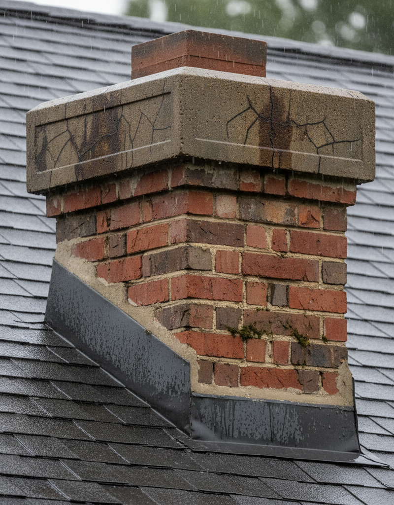 Close-up of a residential chimney on a roof during rain, showing potential leak points like flashing and crown.