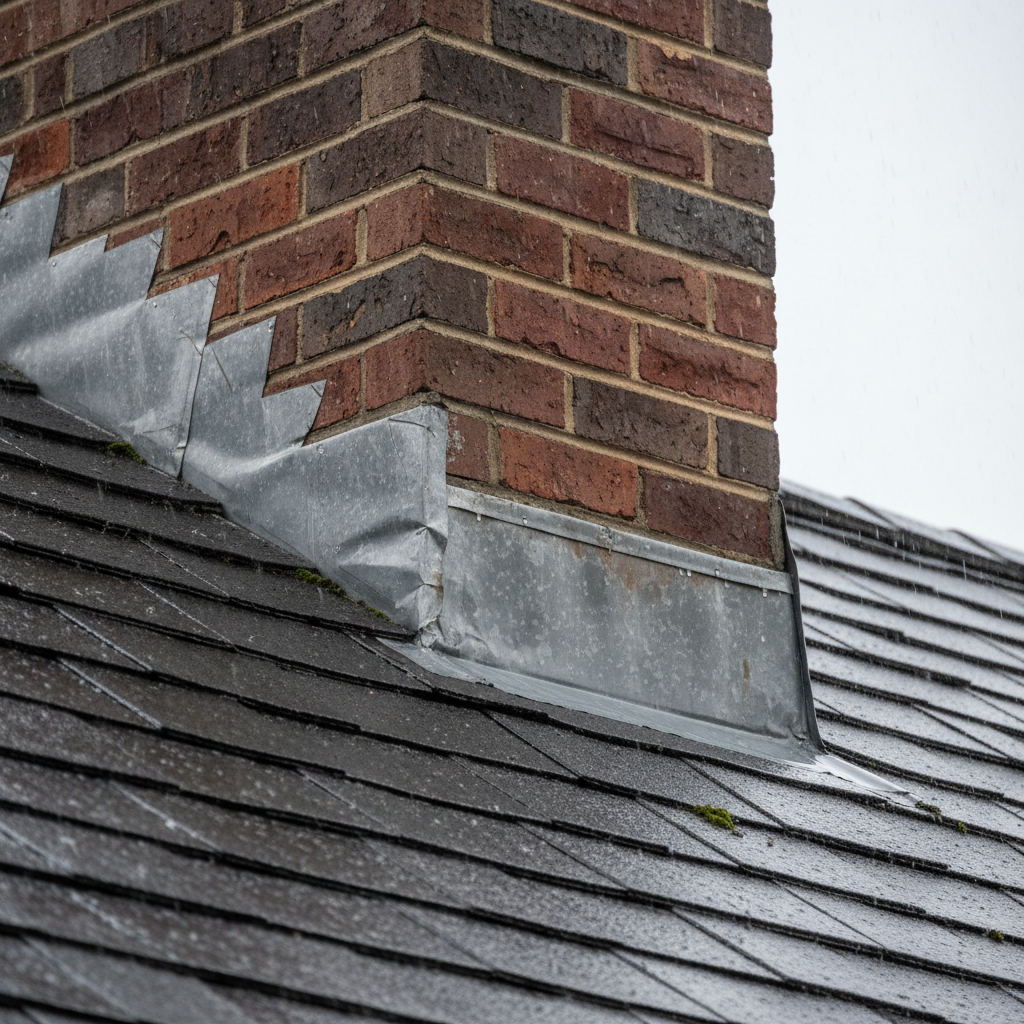 Close-up of a brick chimney where it meets the roof, showing slightly deteriorated flashing during a rain shower