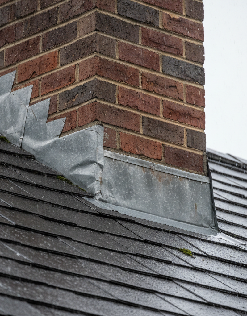 Close-up of a brick chimney where it meets the roof, showing slightly deteriorated flashing during a rain shower