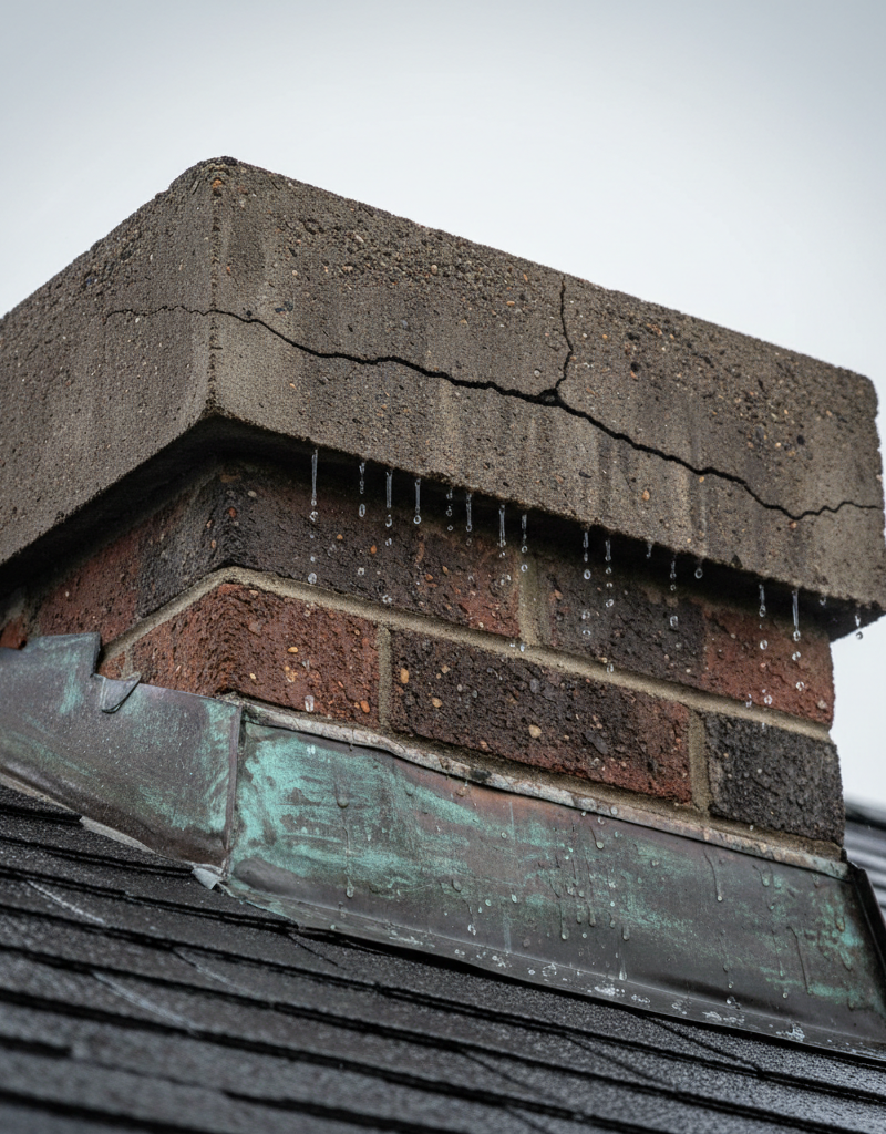 Visible crack in a chimney crown near the flue, with subtle water drips, highlighting a common source of leaks.