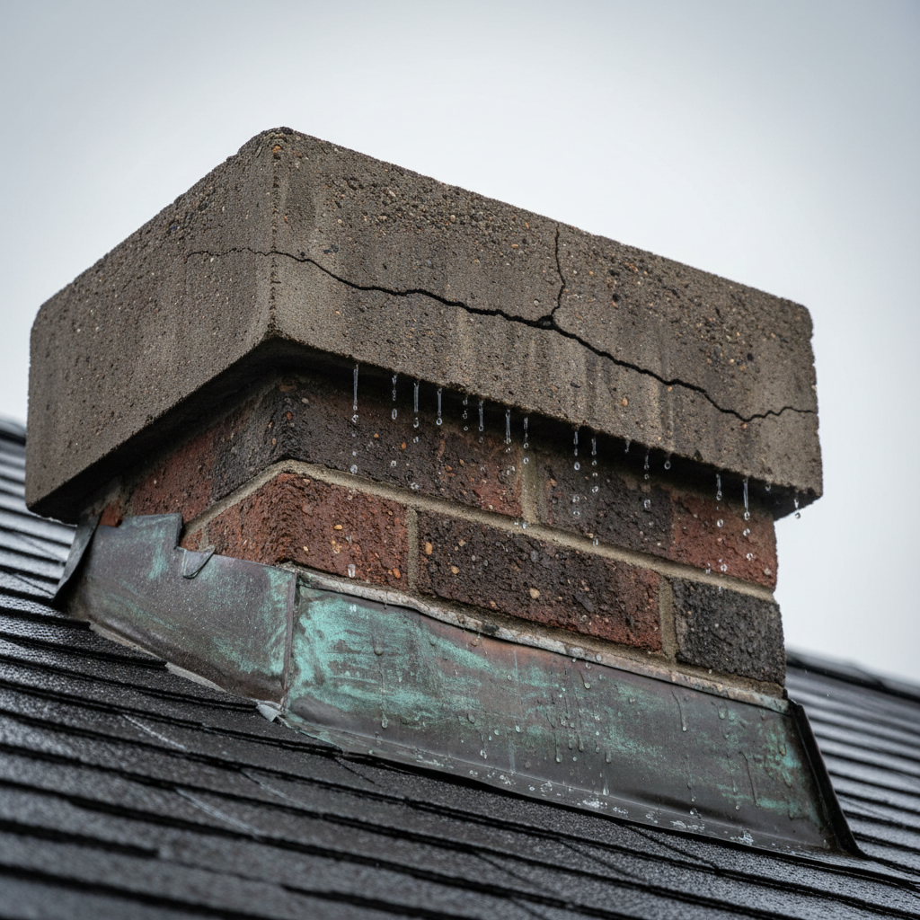 Visible crack in a chimney crown near the flue, with subtle water drips, highlighting a common source of leaks.
