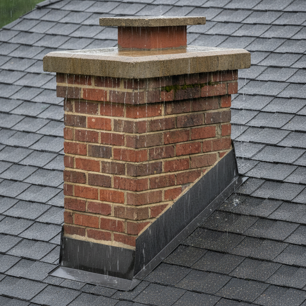 Close-up of a brick chimney on a shingled roof with rain, highlighting flashing and chimney crown.