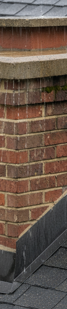 Close-up of a brick chimney on a shingled roof with rain, highlighting flashing and chimney crown.