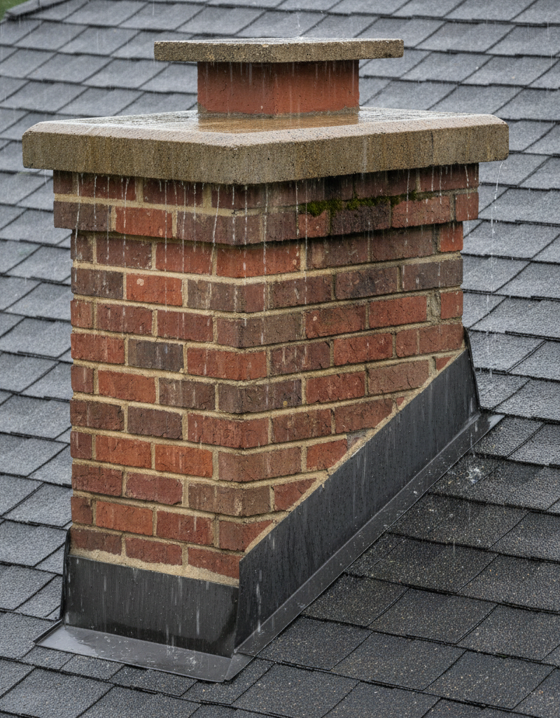 Close-up of a brick chimney on a shingled roof with rain, highlighting flashing and chimney crown.