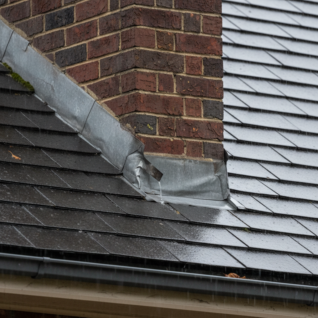 Leaking brick chimney where it meets a shingle roof, showing damaged flashing and a cracked crown during rain.