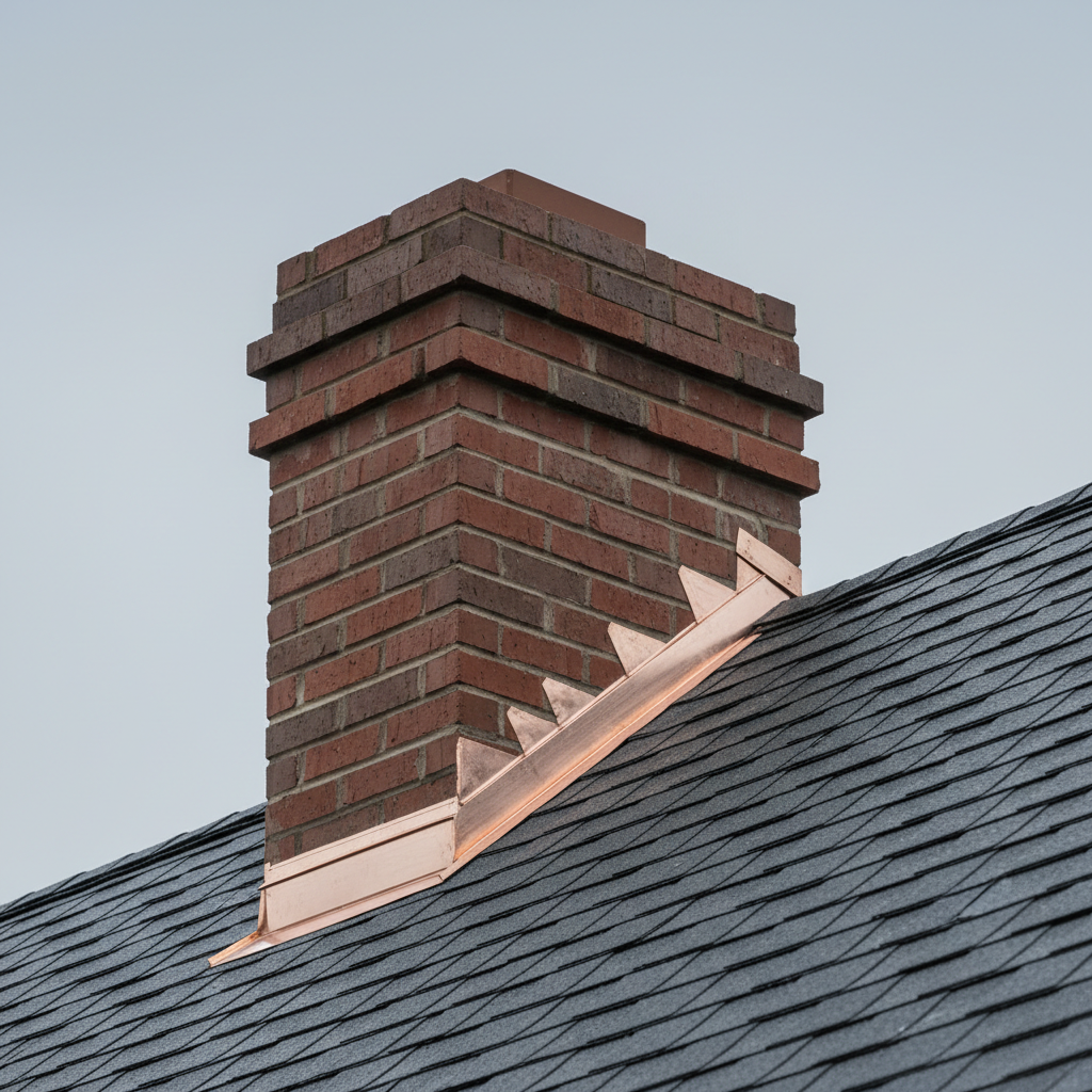 Well-maintained brick chimney with proper flashing on a shingled roof, overcast sky.