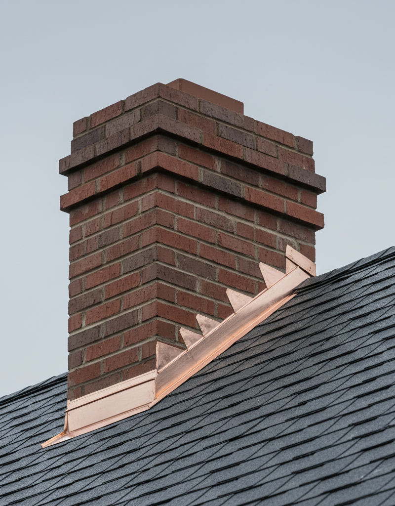 Well-maintained brick chimney with proper flashing on a shingled roof, overcast sky.