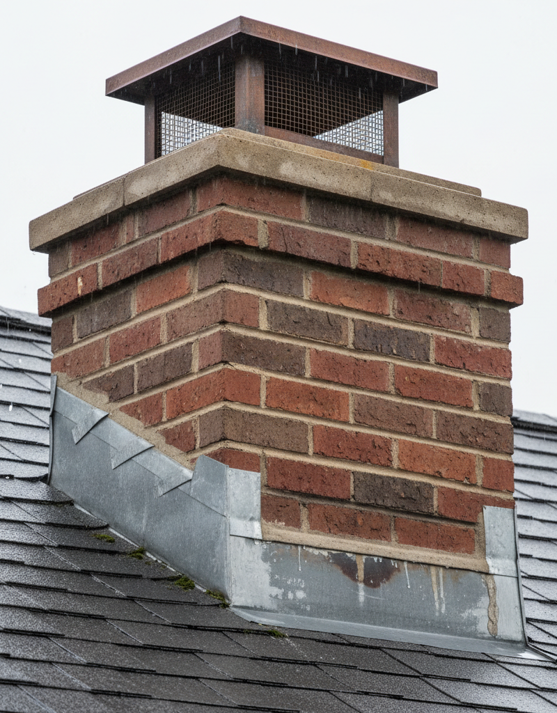 Close-up of a brick chimney meeting a shingled roof during rain, showing flashing