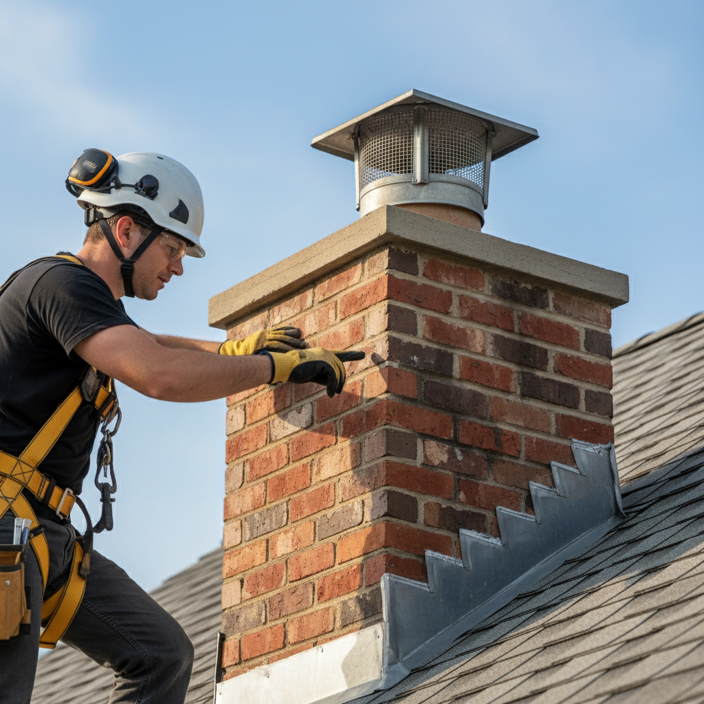 Person inspecting a chimney cap and flashing on a roof during a sunny day.
