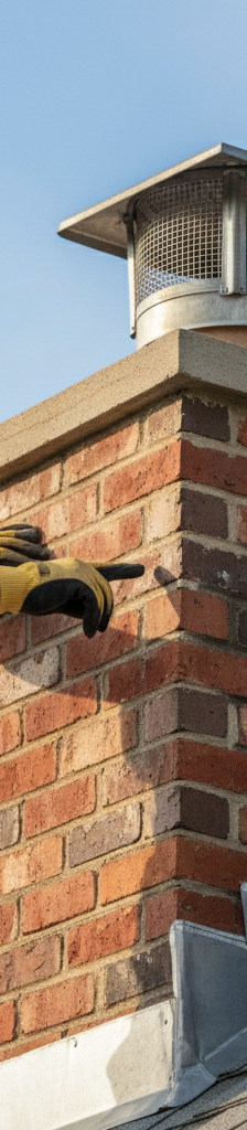 Person inspecting a chimney cap and flashing on a roof during a sunny day.