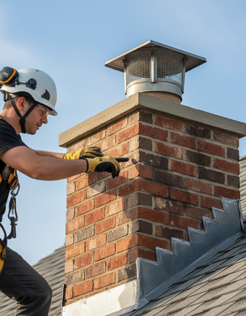 Person inspecting a chimney cap and flashing on a roof during a sunny day.