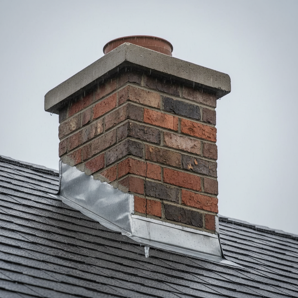 Close-up of a brick chimney on a roof during rain, showing potential leak points like flashing and crown.