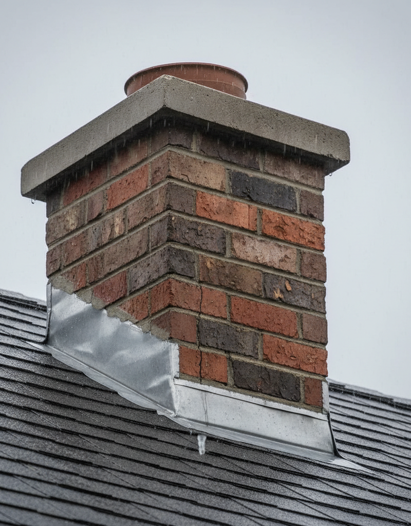 Close-up of a brick chimney on a roof during rain, showing potential leak points like flashing and crown.