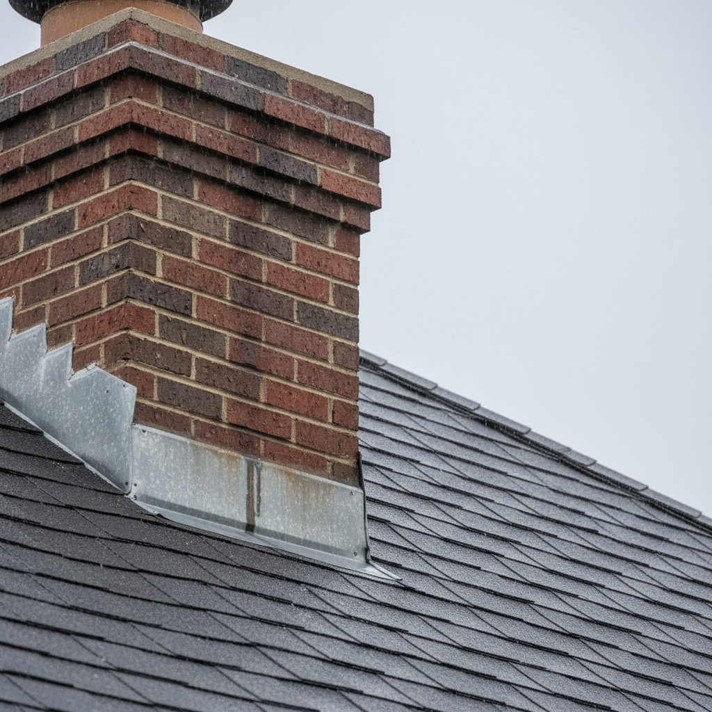 Close-up of a brick chimney on a roof with visible metal flashing, suggesting a leak during rain.