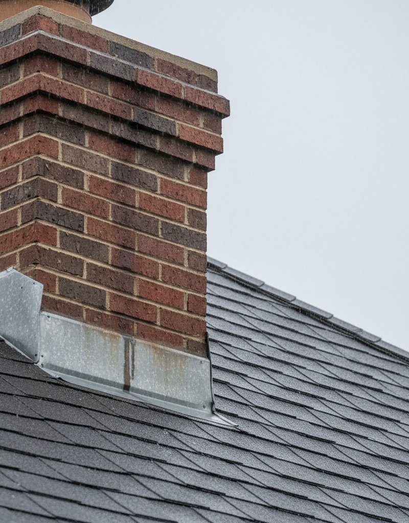 Close-up of a brick chimney on a roof with visible metal flashing, suggesting a leak during rain.