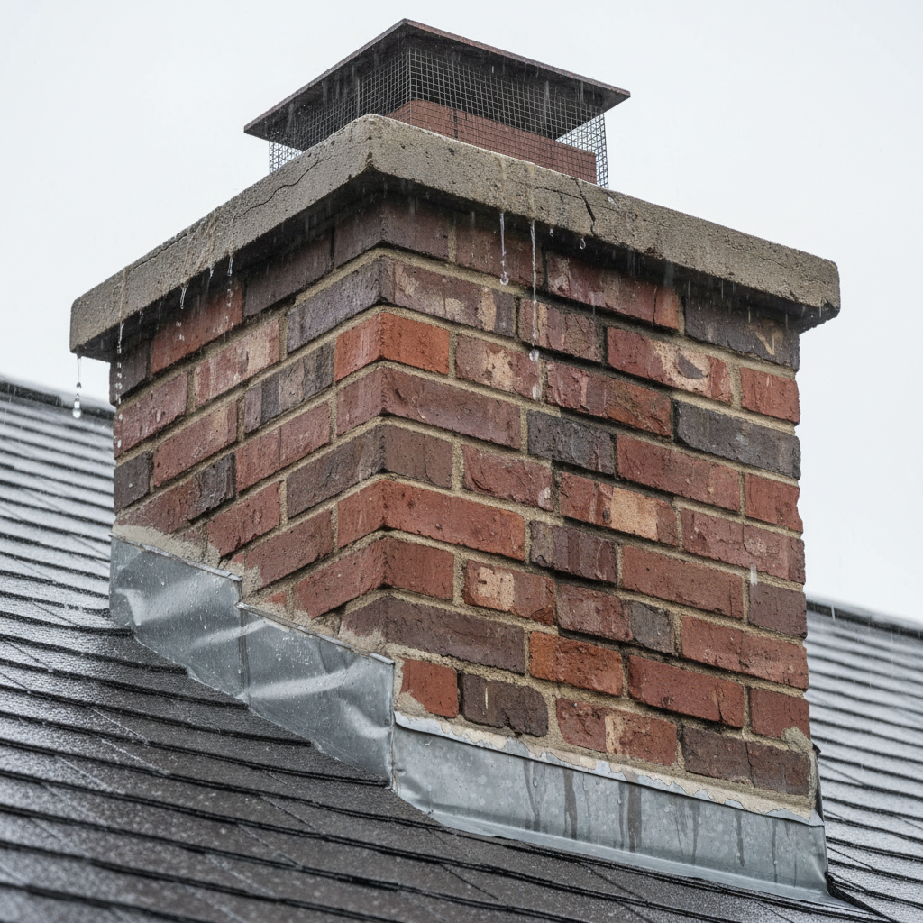 Leaking brick chimney flashing where it meets a shingled roof during a rain shower, showing water intrusion.