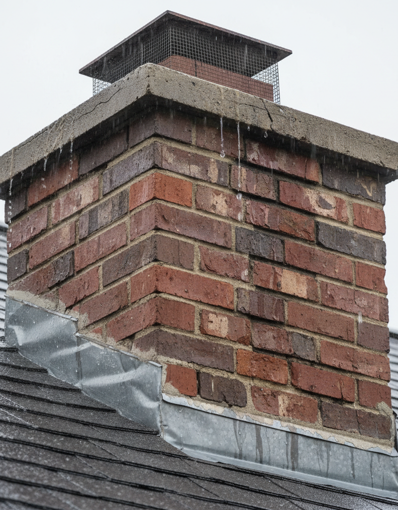 Leaking brick chimney flashing where it meets a shingled roof during a rain shower, showing water intrusion.